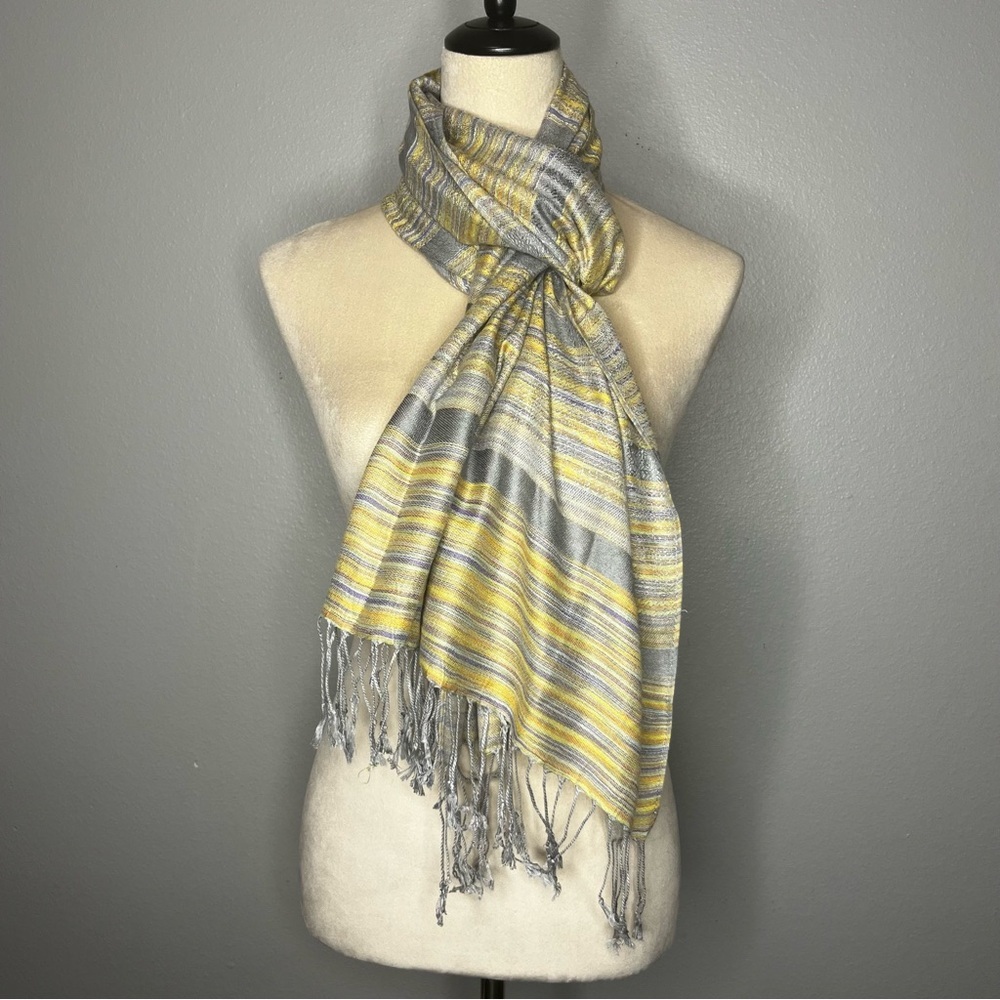 Pashmina Scarf Shawl Wrap Tassels Blue‎ Gray Yellow Striped 71”x28” Fashion